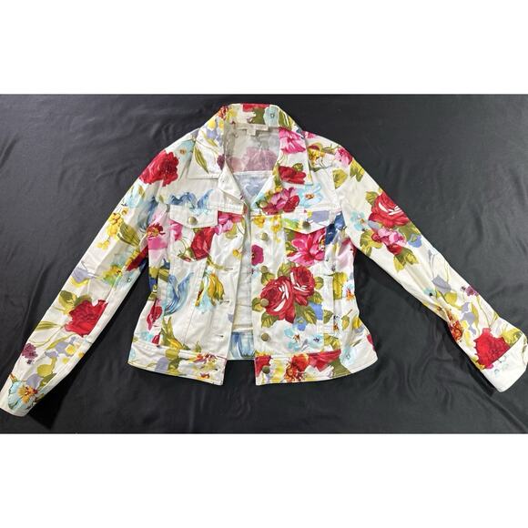 Boston Proper Floral Denim Jacket Women’s Size 4 Multicolor Cotton Stretch - Picture 2 of 12